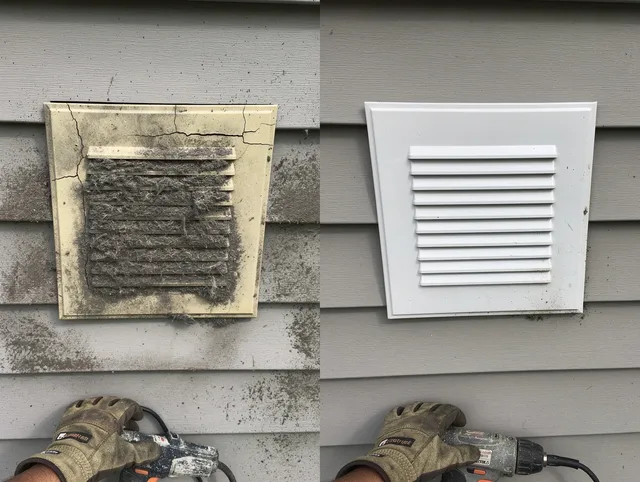 East Bridgewater Dryer Vent Cleaning technician installing high-quality dryer vent cover at a residential property in East Bridgewater