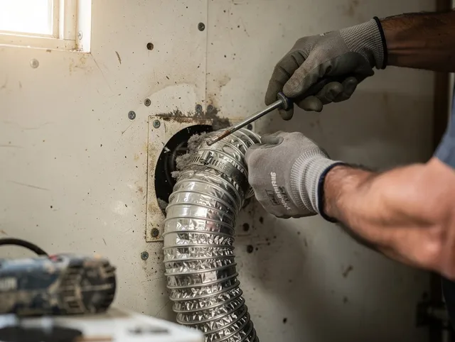 East Bridgewater Dryer Vent Cleaning technician performing precise dryer vent hose installation in East Bridgewater